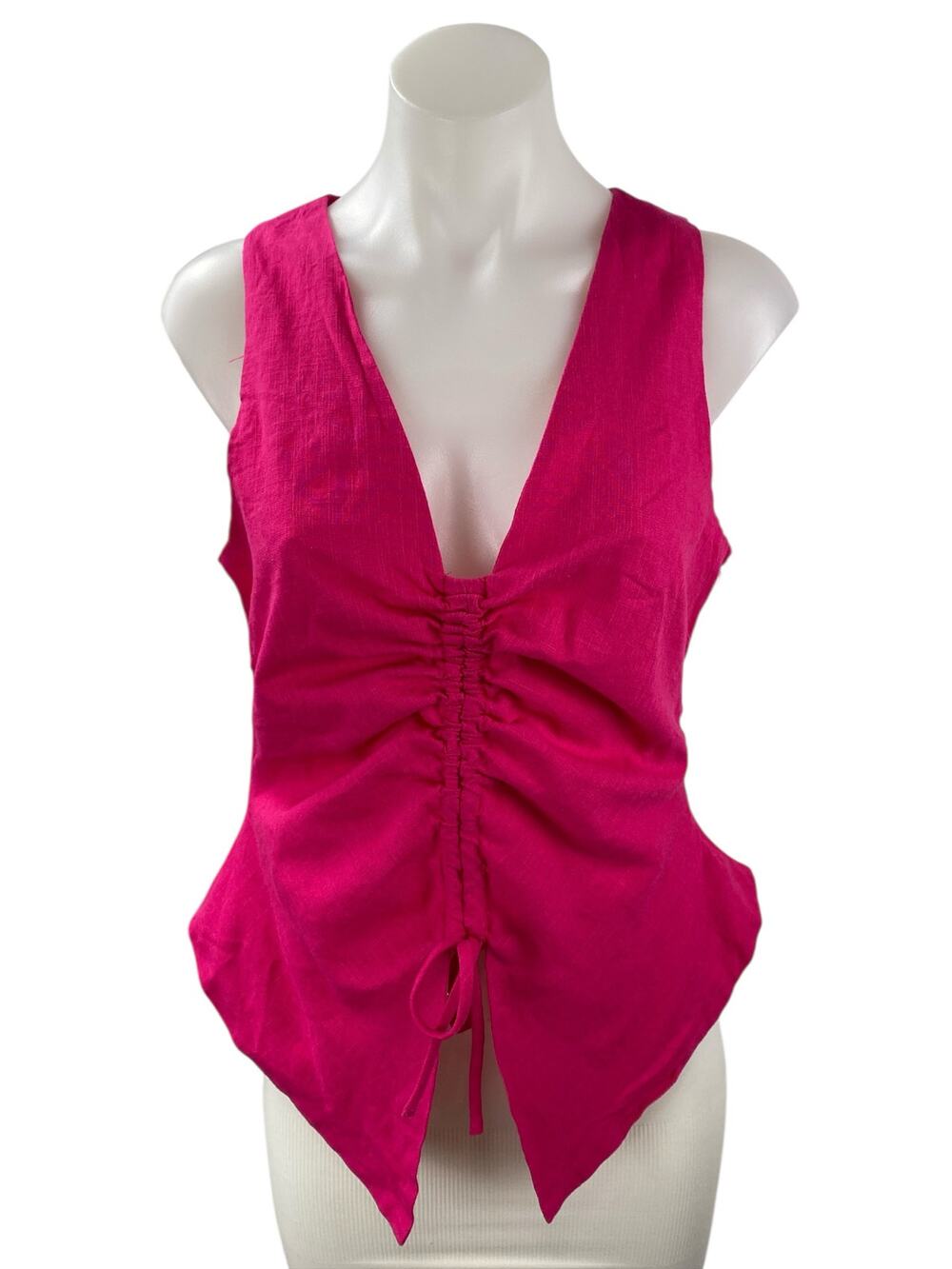 NEW Seven Wonders Pink Sleeveless Deep V Neck Ruched Tank Blouse Top Size L